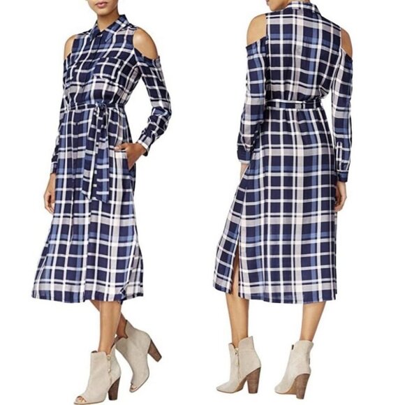 NWT Maison Jules Plaid Cold-Shoulder Midi Dress Blue‎ Size Small New With Tags S - Picture 2 of 16